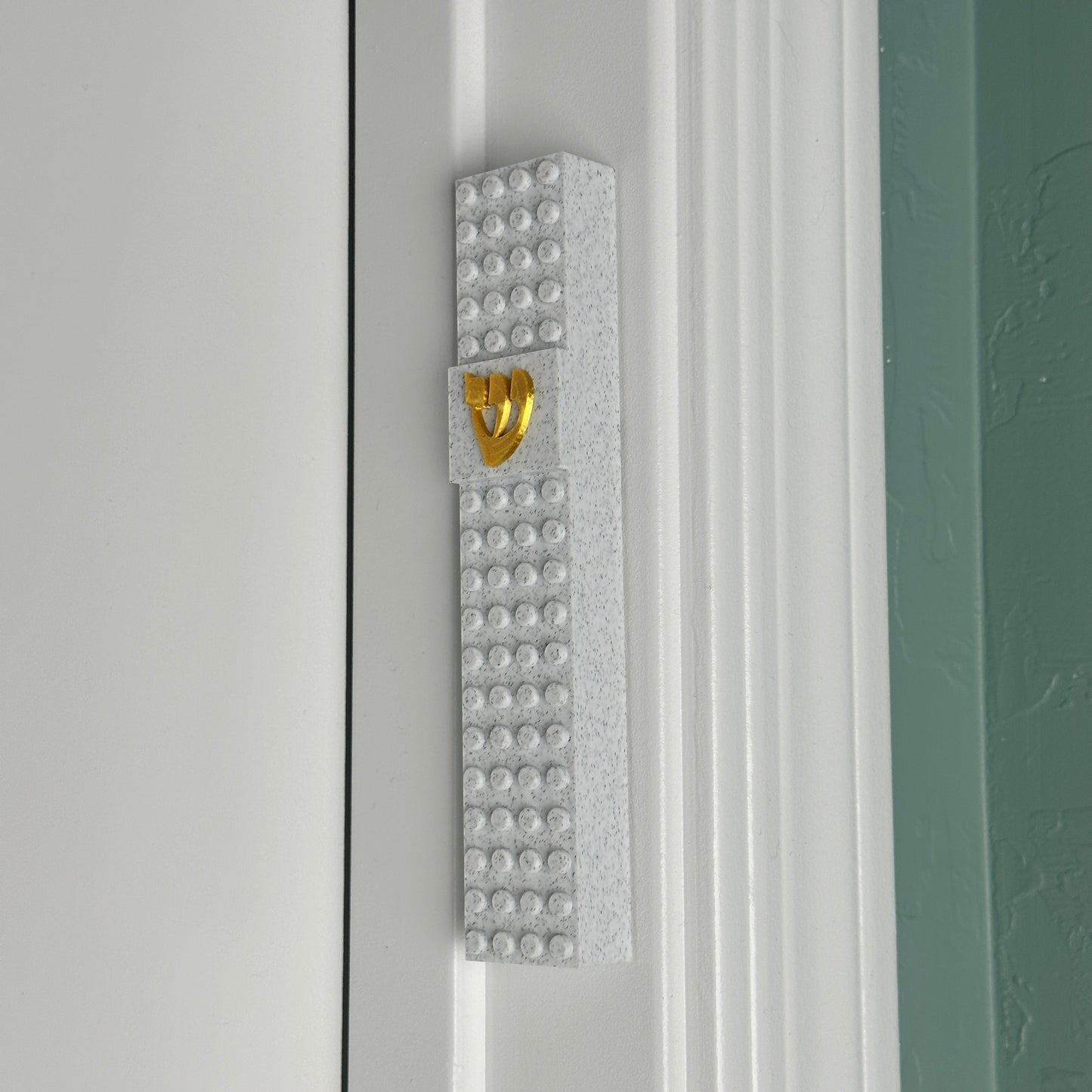 Lego Style Mezuzah Case White Gold Shin