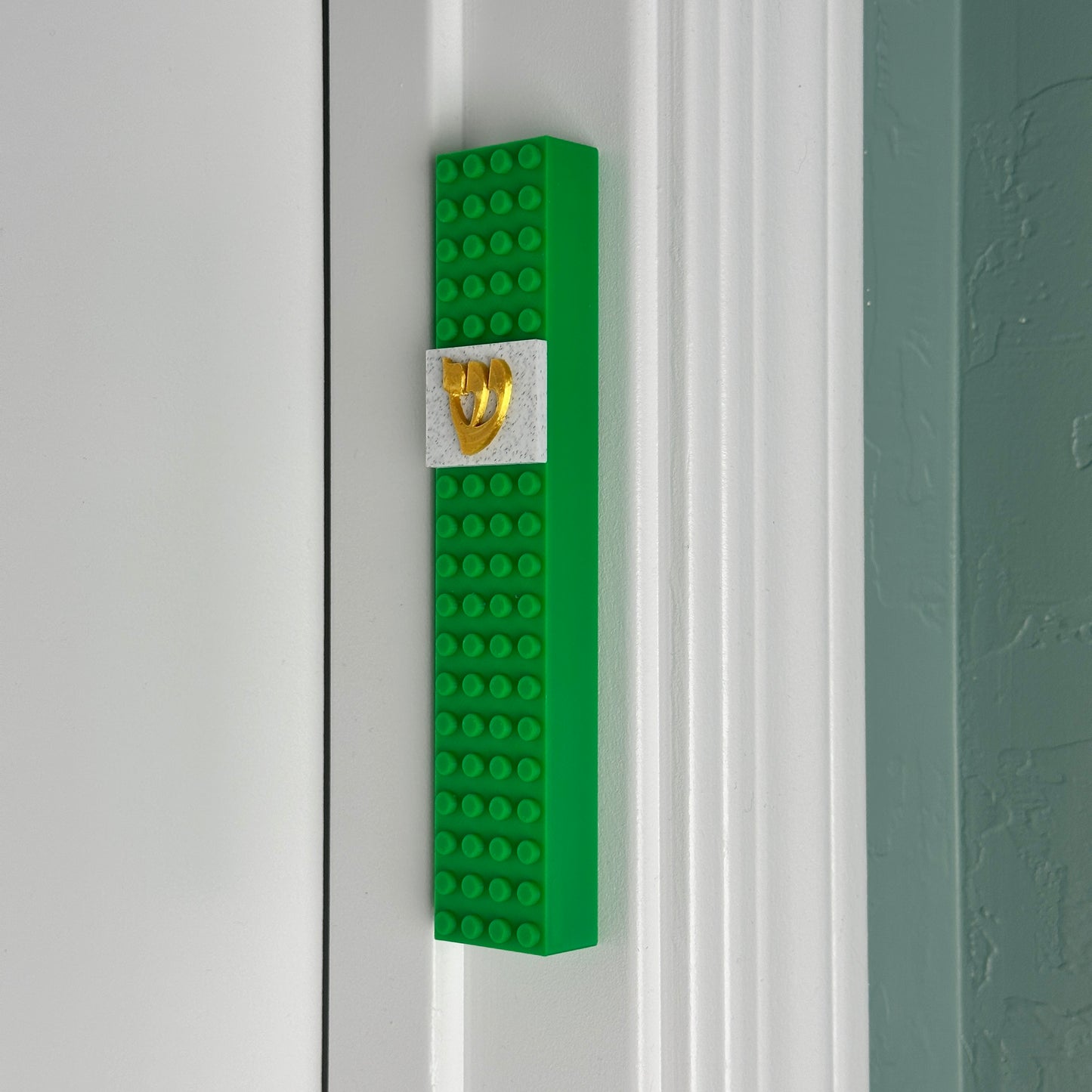 Lego Style Mezuzah Case Green Gold Shin