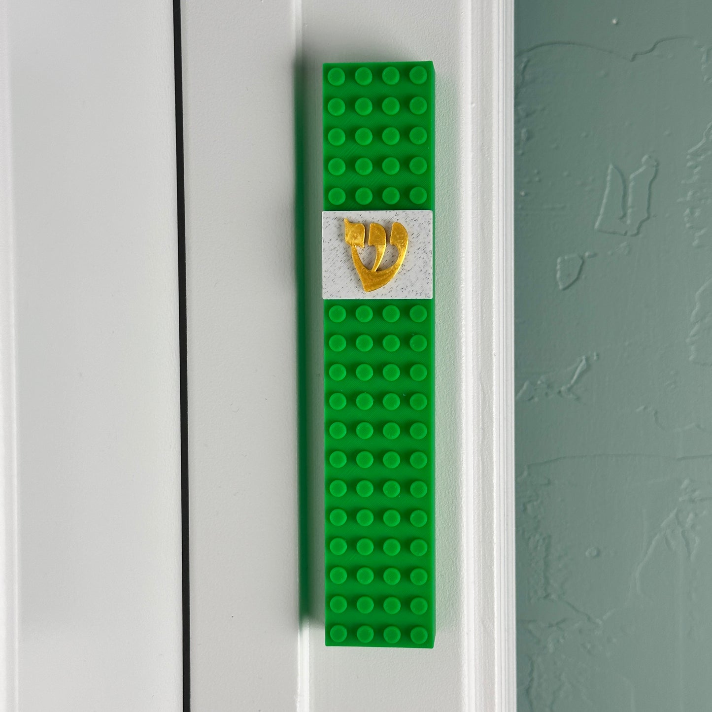 Lego Style Mezuzah Case Green Gold Shin