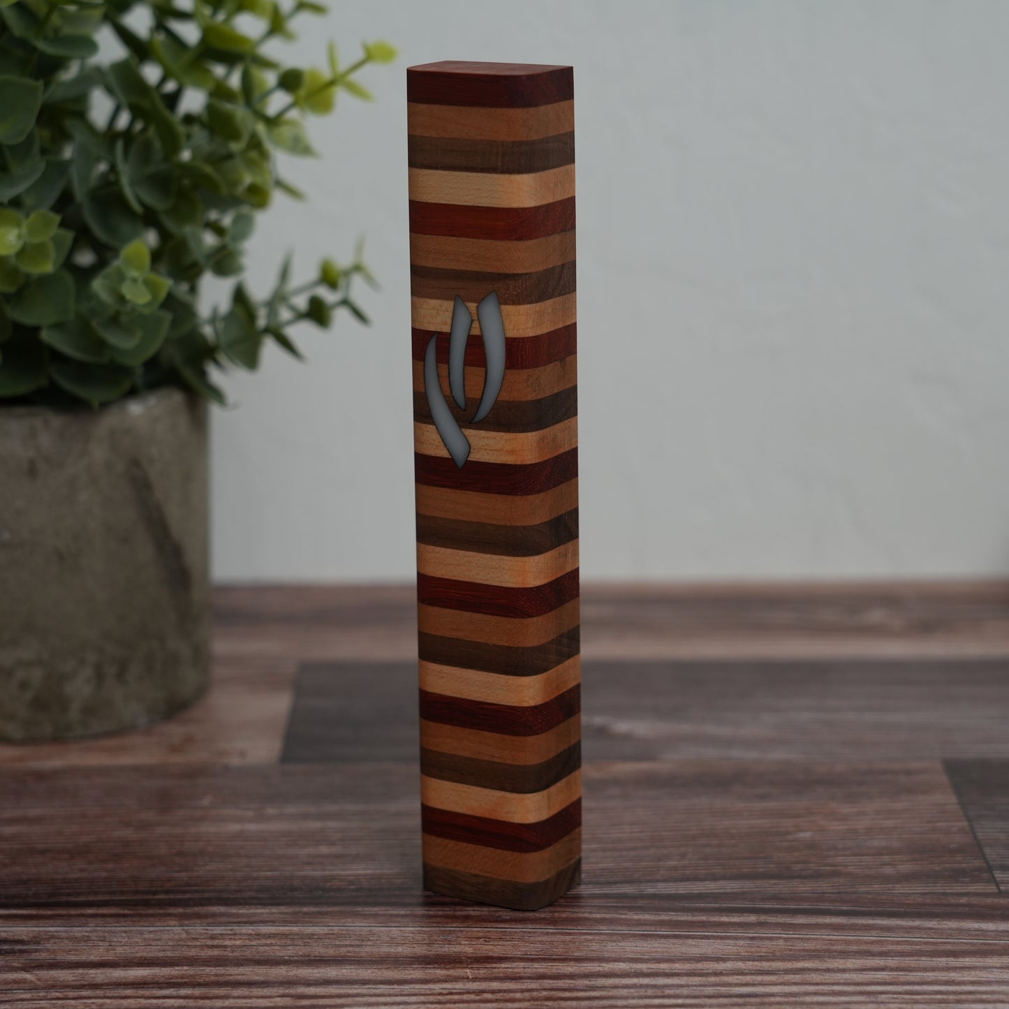 Four Pillars Wooden Mezuzah Case (Inlayed Fire Shin)