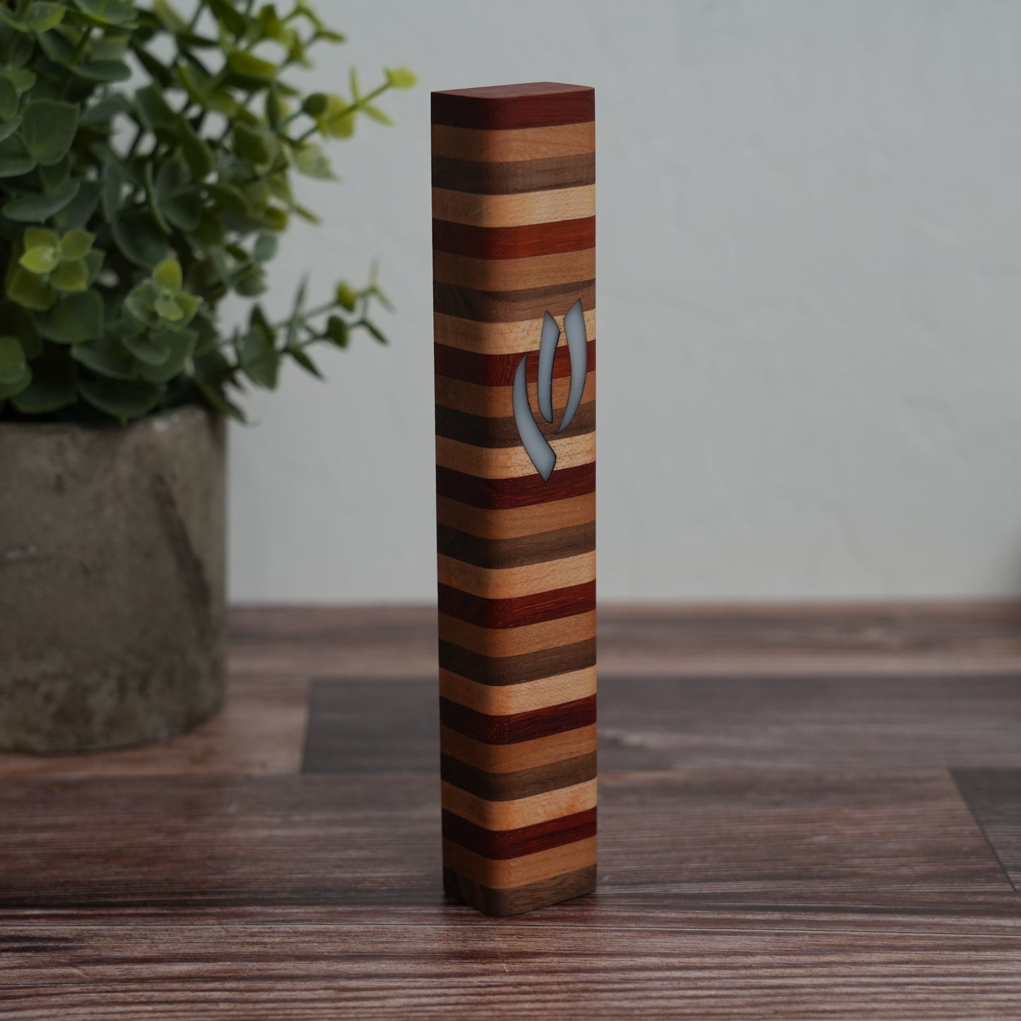 Four Pillars Wooden Mezuzah Case (Inlayed Fire Shin)
