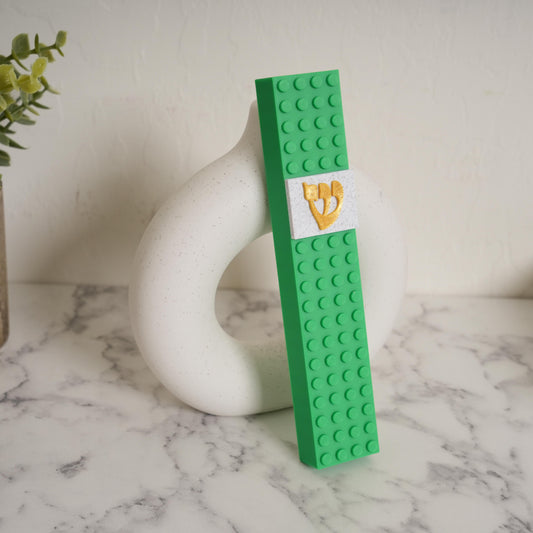 Lego Style Mezuzah Case Green Gold Shin